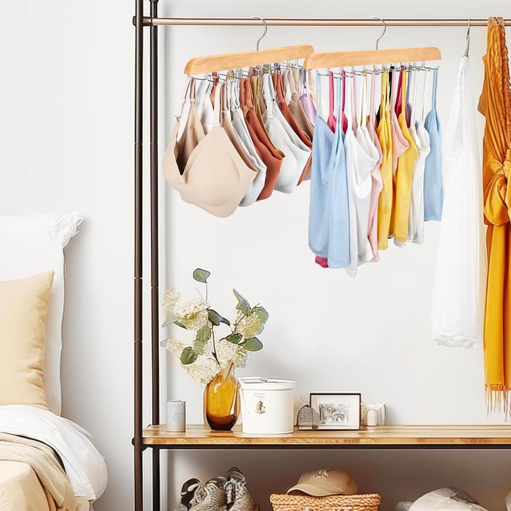 Tank Top Hanger with Premium Wood, 24 Large Capacity, Space Saving,360 Degree Rotating, Foldable Metal Hooks, Tank Tops