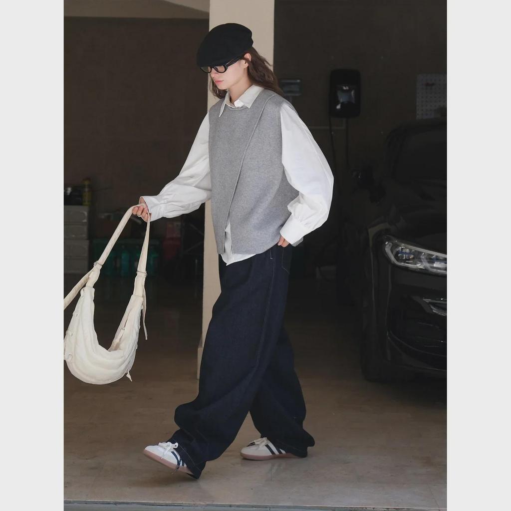 Louvre Autumn Korean Style Irregular Slit Vest for Women - Slim Layered Loose Fit Top