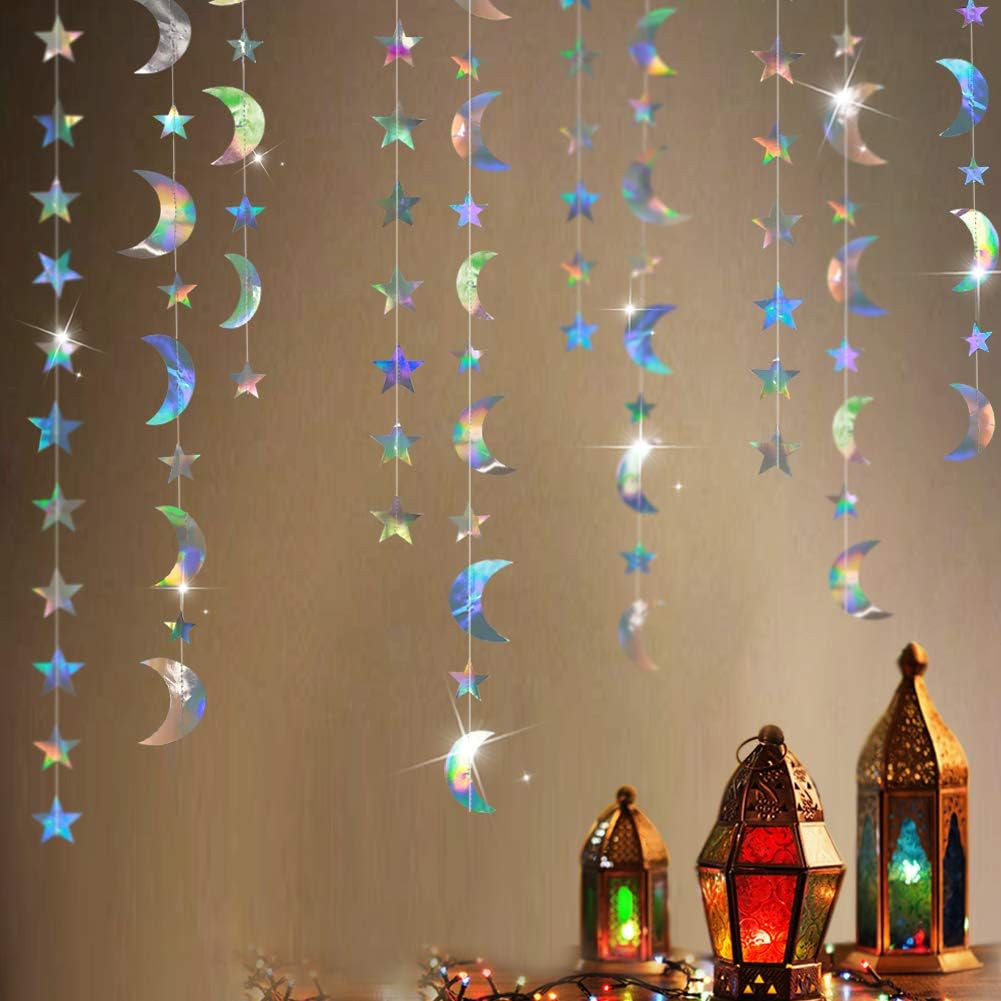 Cheerland Moon Star Garlands Iridescent Party Decoraions Hanging Moon Birthday Decoration Celestial Streamers Holographic Star Moon Decorations Alien