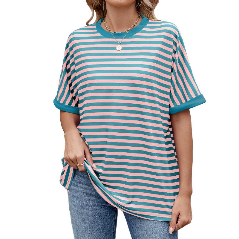 Женская летняя новая полосатая футболка с круглым вырезом и коротким рукавом в стиле Clash Color