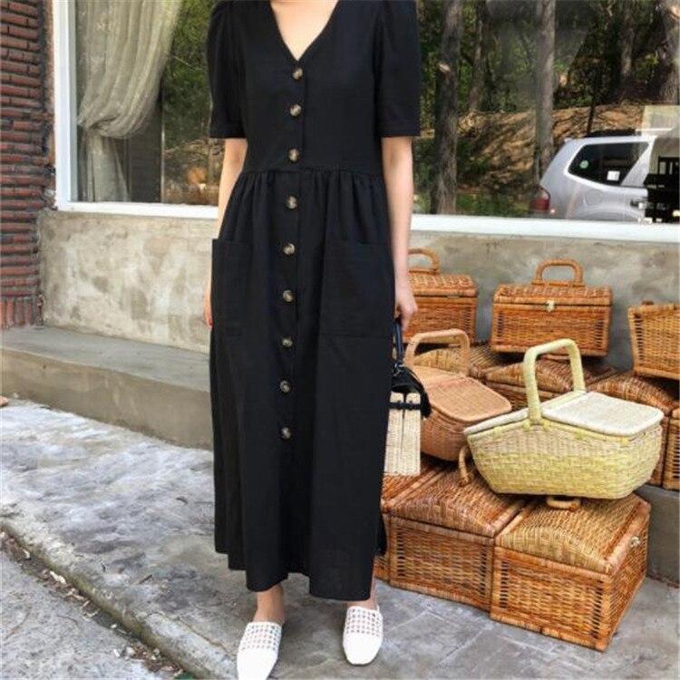 Свободное женское платье, летнее, повседневное, однотонное, однобортное, с карманами, женские платья