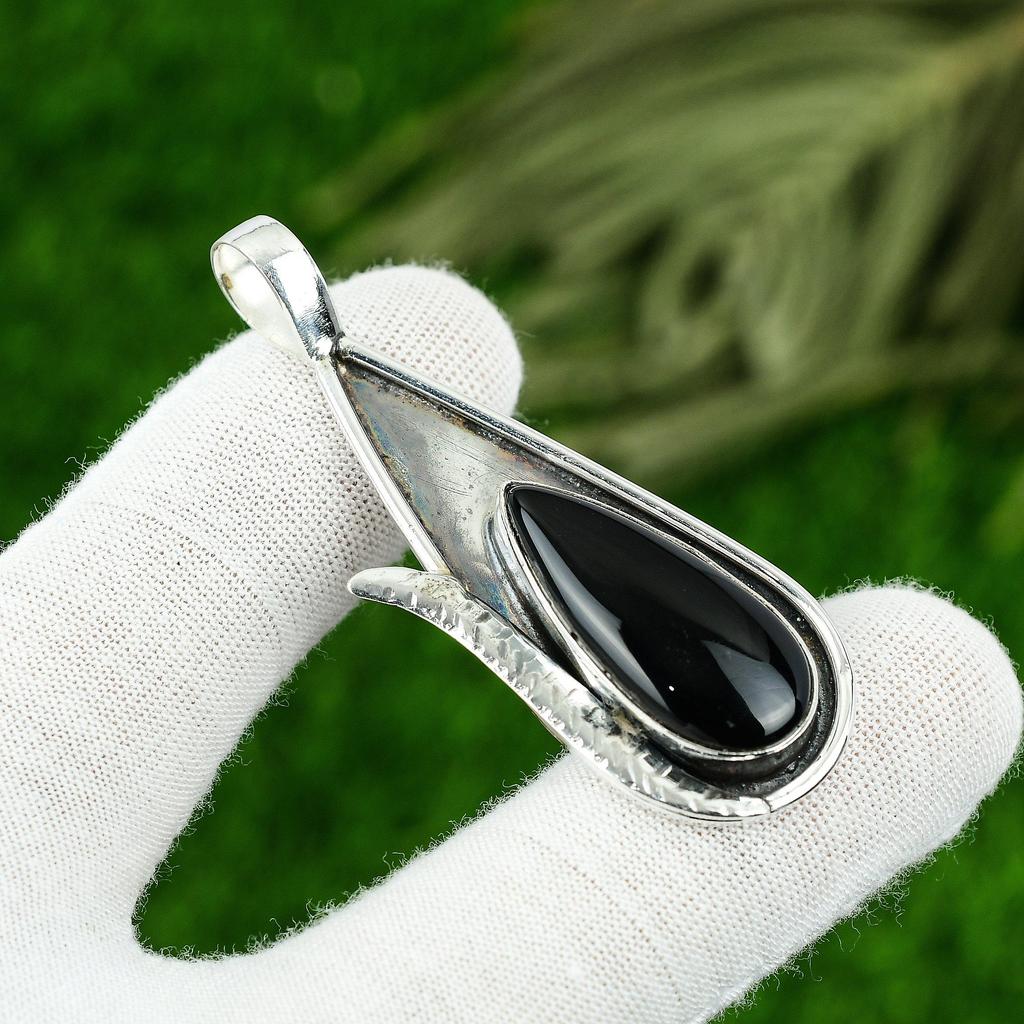 Root Chakra Pear Black Onyx Stone 925 Silver Engagement Bezel Mother New Pendant
