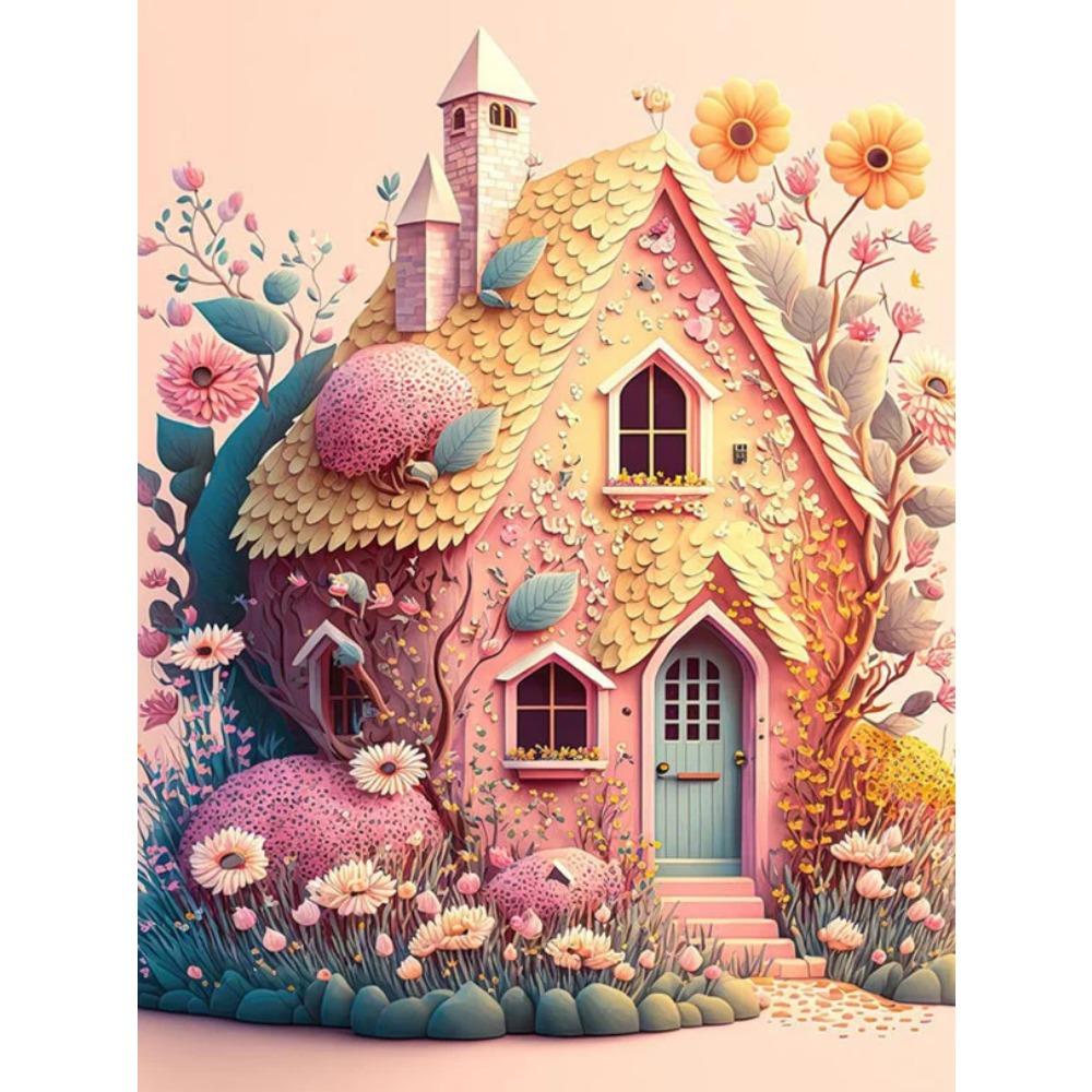 Алмазная картина Full Drill Art Розовый дом Животное Круглая алмазная живопись Ручная работа Звезда Кот Diy Алмазная мозаика Картина Украшение дома