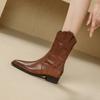 Ladies Mid Calf Shoes Brown Women's Half High Boots Pointed Toe Elegant With Low Heels Spring 2024 Footwear Fashion Comfortable