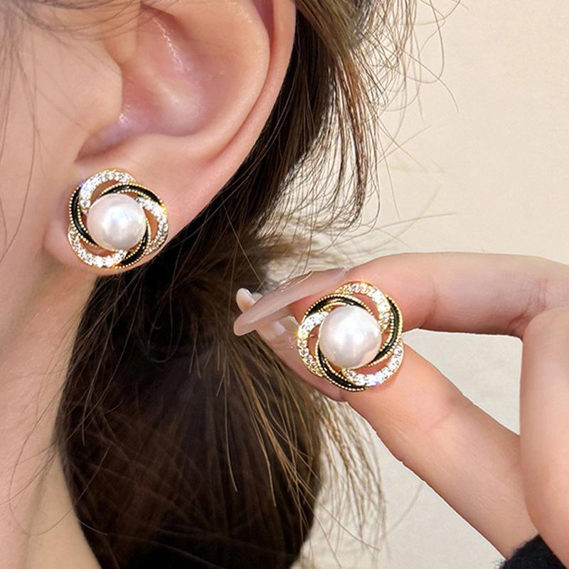 Fashion Elegant Rose Flower Zircon Pearl Ear Studs For Women Luxury Earrings Accessories Gift Trendy Delicate Jewelry AVE