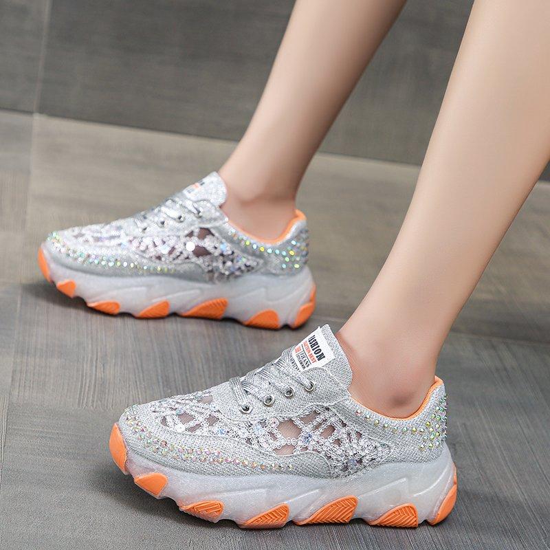 Модные женские кроссовки на платформе 2024 года, повседневные спортивные кроссовки со стразами и пайетками на шнуровке, женские дышащие кроссовки Zapatos Mujer