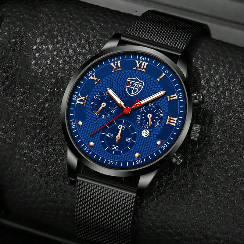 3 шт./набор, 1 шт. Мужские роскошные деловые кварцевые часы из нержавеющей стали с сетчатым браслетом и 1 шт. браслет и 1 шт. ожерелье с