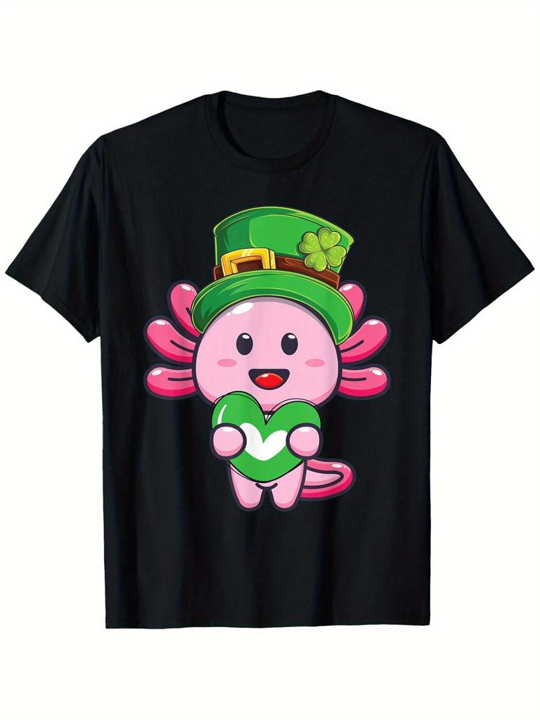 St Patrick's Day Axolotl Graphic Tee Cute Irish Shamrock Heart Print Casual Unisex T Shirt