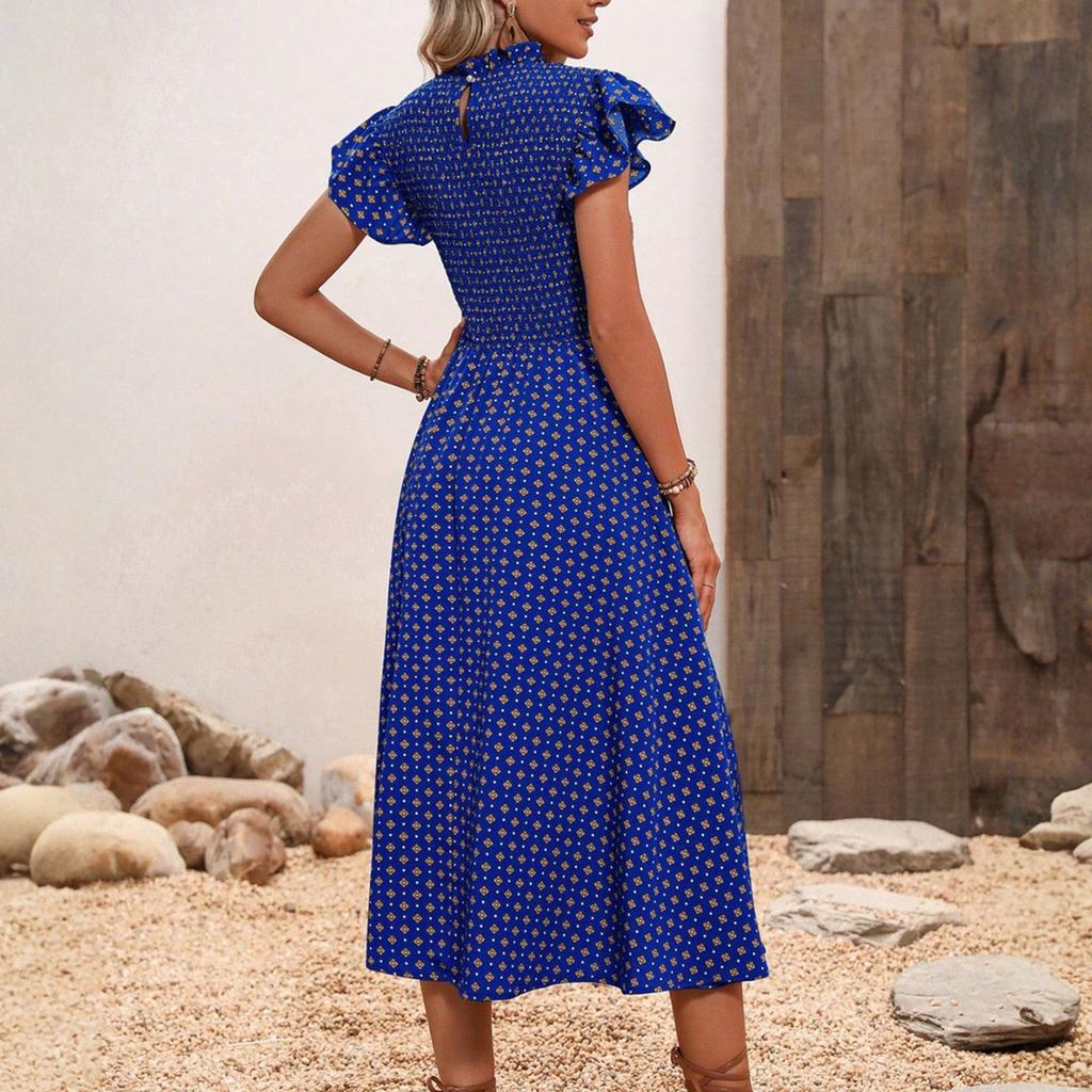 Ladies' Summer Polka Dot Round Neck Short Sleeved Long Dress Loose Comfortable Casual And Fashionable Dress