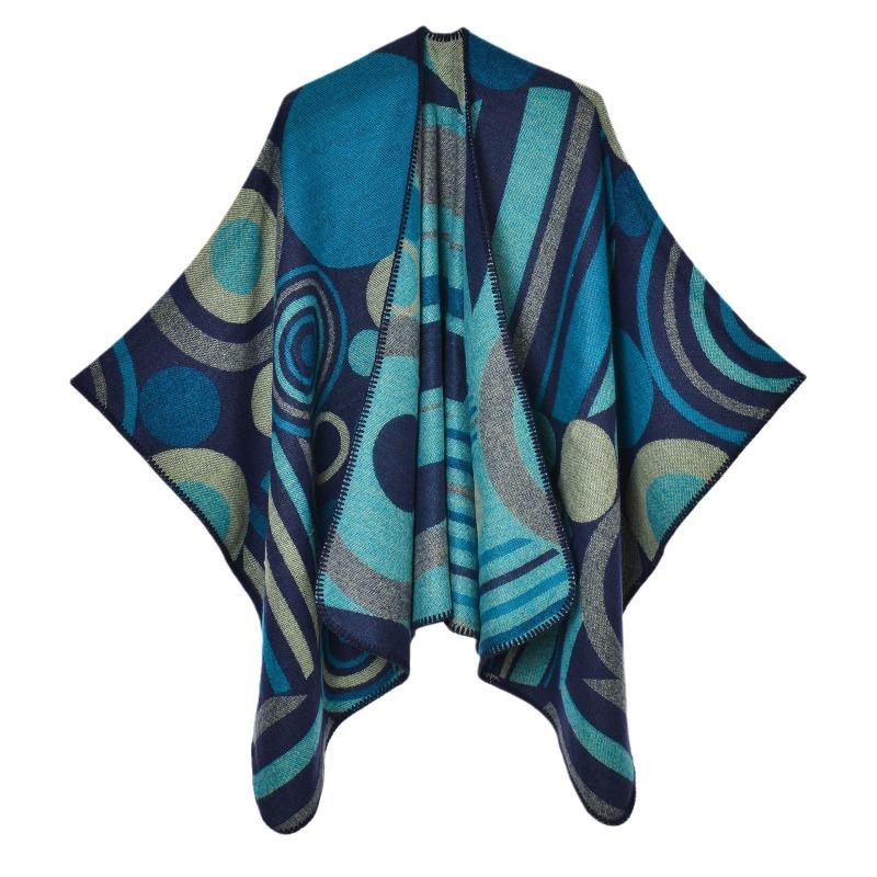 New Geometric Abstract Line Stitching Women's Autumn and Winter Warm Split Shawl Cape with Decorative Scarf