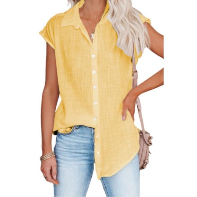Летняя женская однобортная рубашка однотонного цвета, женская повседневная блузка с коротким рукавом и лацканами
