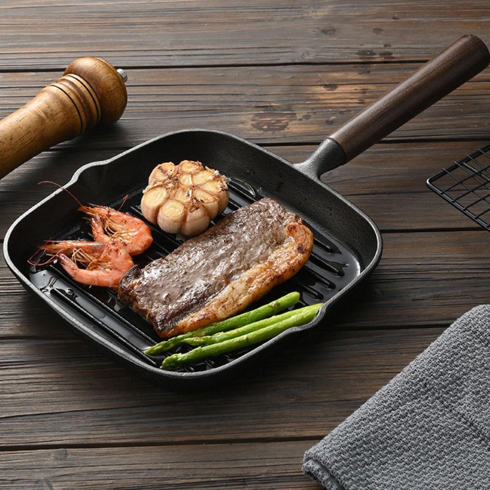 Cast Iron Steak Pan Wooden Handle Steak Frying Pot Premium Non-Stick Frying Pan Indoor