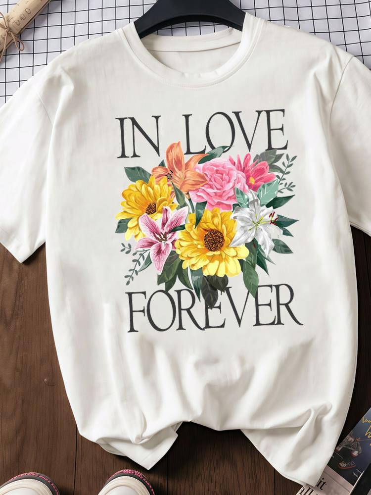 (Азиатский размер) любовь сердце цветок тренд Принт Футболки с круглым вырезом и коротким рукавом Мода Женская Повседневная Женский Топ Футболка Одежда Графическая футболка