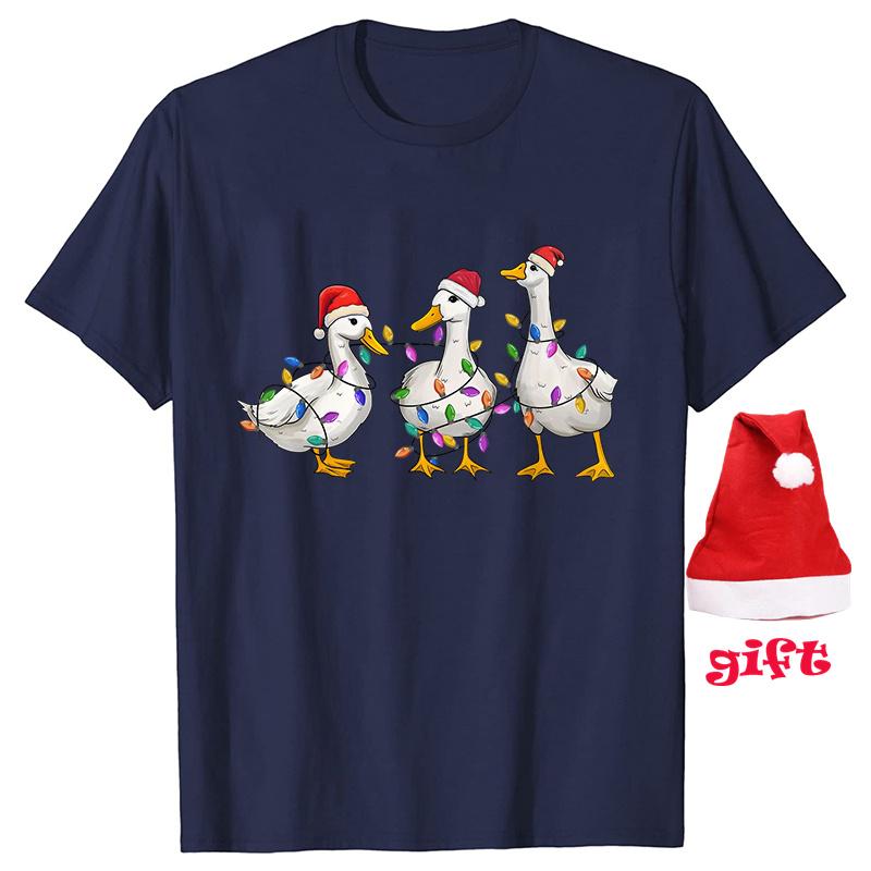 Забавные утиные рождественские принты, топы, модные женские футболки для рождественской вечеринки, графические топы с рождественскими шапками, женская одежда, футболка