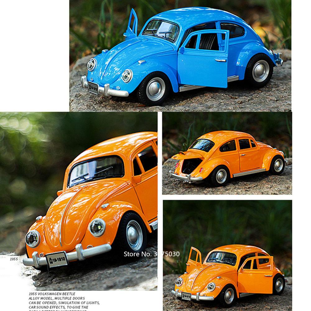 1:18 Alloy Beetle 1955 Cars Diecast Toys Miniature Models 4 Doors Opened Wheel Pull Back Metal Vehicles for Boys Birthday Gifts