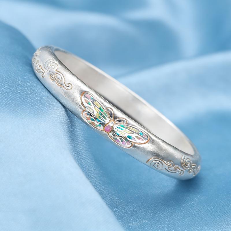 Women's Gold-Painted Enamel Butterfly Bracelet - 999 Sterling Silver Open Bangle, Chinese Style Niche Design
