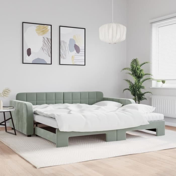 VidaXL Daybed and Trundle Bed and Mattress Light Grey 100x200 Cm Velvet 3196960