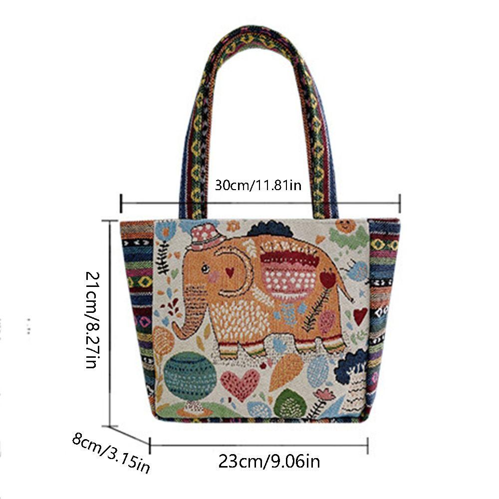 Peacock Canvas Tote Bag Embroidery Elephant Handbag Simple Ethnic Style Handbag Grocery Handbags