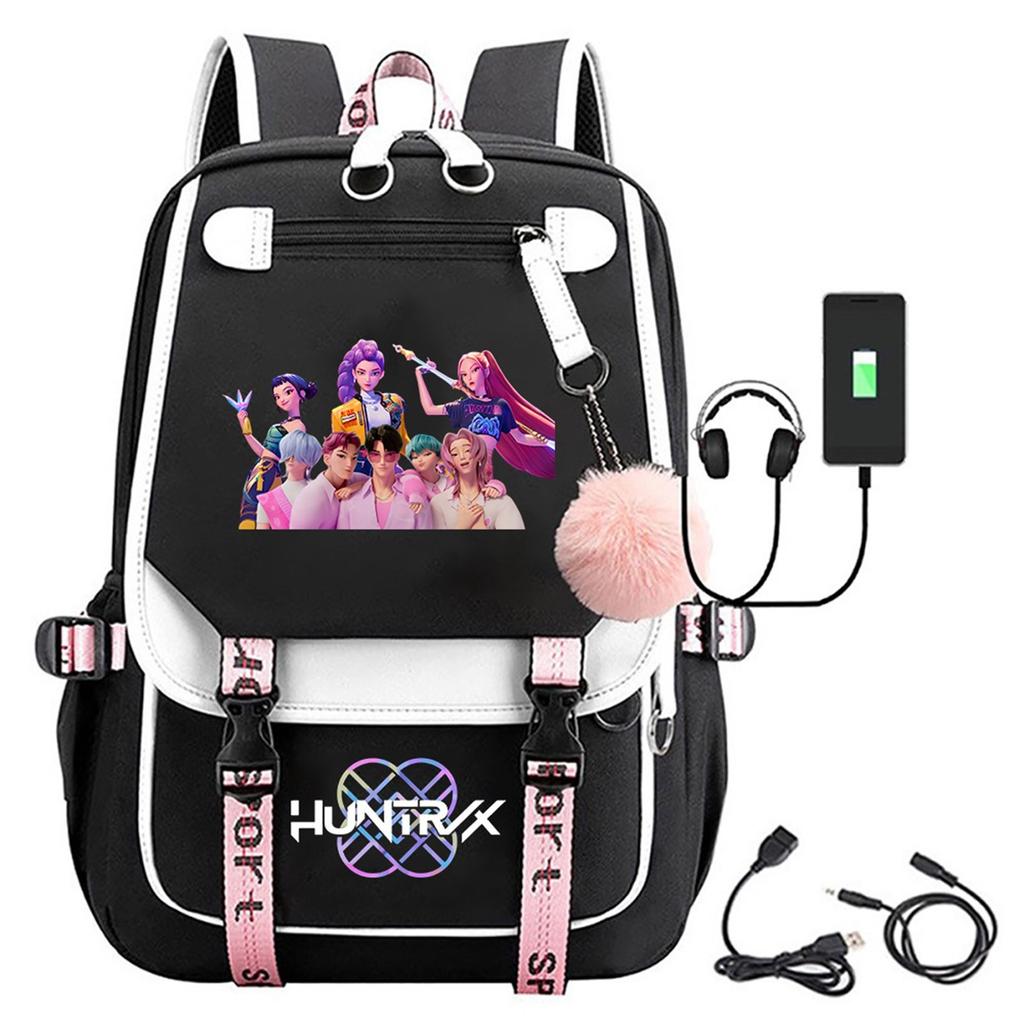 Movie Peripheral Print Backpack, School Bag Student Campus With Plush Ball Backpack With USB Port