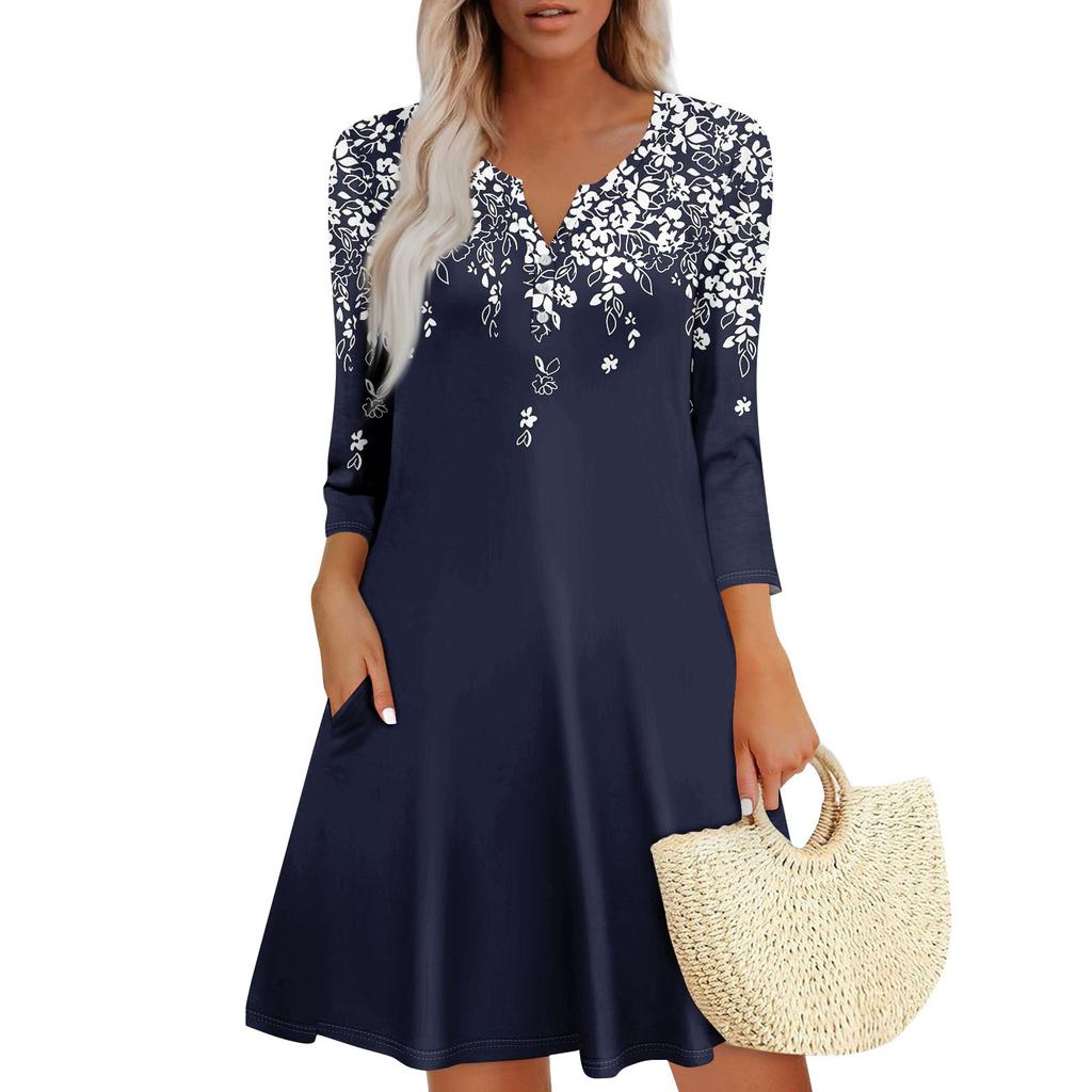 Женское летнее платье, свободное платье с V-образным вырезом, рукавом три четверти и карманами