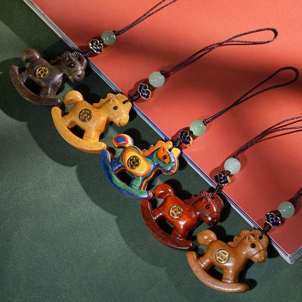 Traditional Horse Keychain Wooden Zodiac Key Ring Chinese Style Mobile Phone Chain New Year Gift