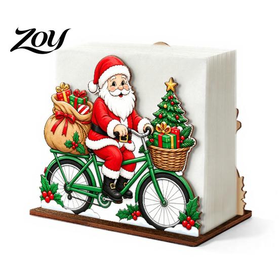 Decorative Wooden Napkin Stand Christmas Tissue Holder, Dispenser with Santa Gingerbread House Elk Rack Pattern, Organizer for Dining Table