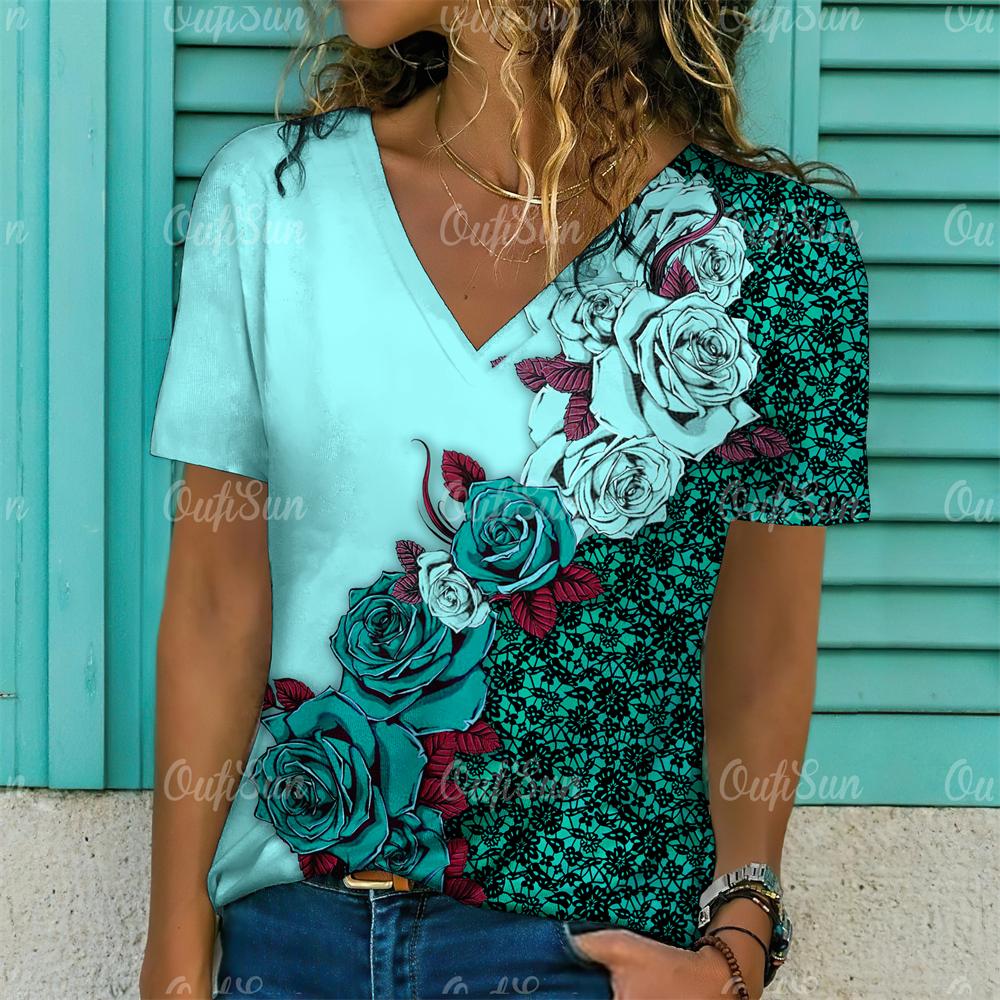 Модные женские футболки с цветочным принтом, топы с короткими рукавами и v-образным вырезом, футболки, повседневные кофты, женская футболка, одежда больших размеров