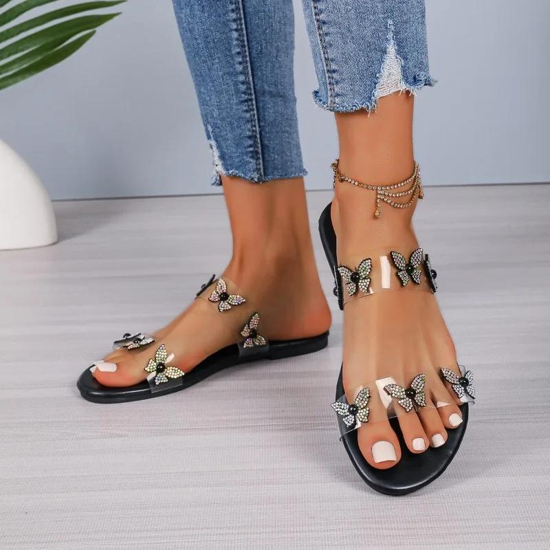 Модная обувь бренда 2024 года для женщин, женские тапочки больших размеров, модные повседневные тапочки с кристаллами, женские новые сандалии на плоской подошве с открытым носком и бисером