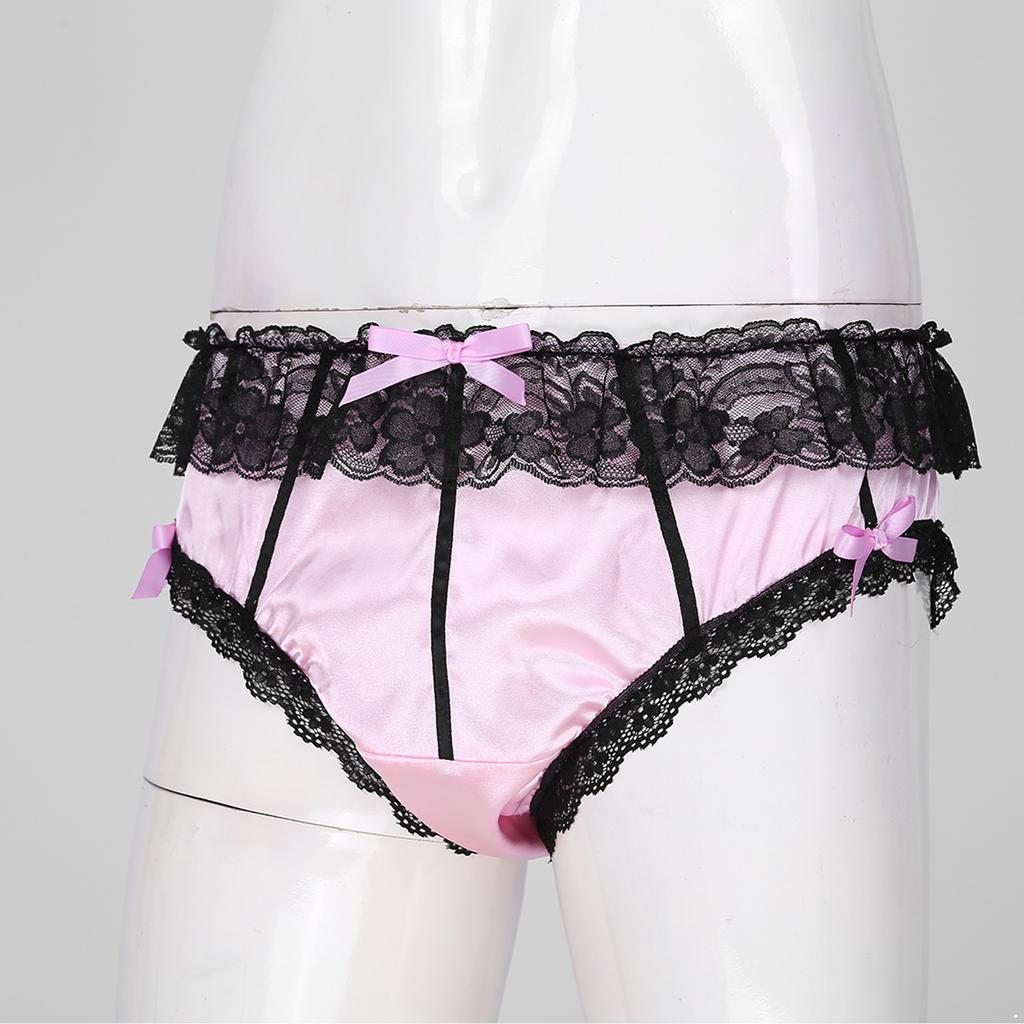 Mens Lace Trim Briefs Low Rise Satin Bowknot Underpants Crossdressing Nightwear