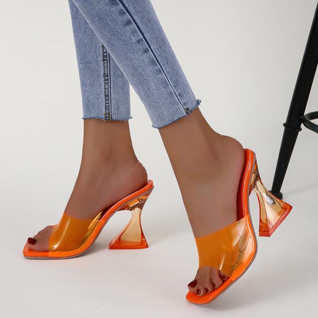 Летние новые прозрачные туфли-шлепанцы на фигурном каблуке конфетных цветов для женщин, большие размеры 35-41, сексуальная свадебная обувь, роскошная женская обувь