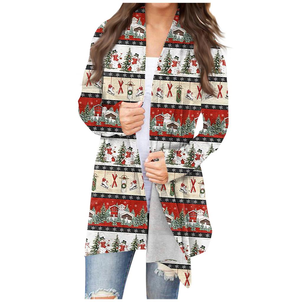 Women's Fashion Casual Christmas Print Medium Length Cardigan Jacket Coat