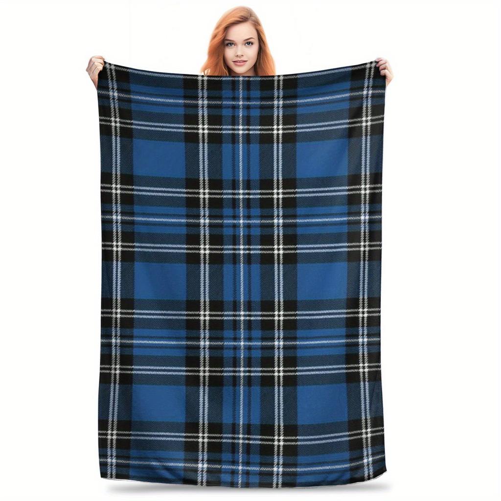Modern Style Blue and Black Plaid Flannel Throw Blanket All-Season Comfort for Sofa and Bed Machine Washable Holiday Gifts