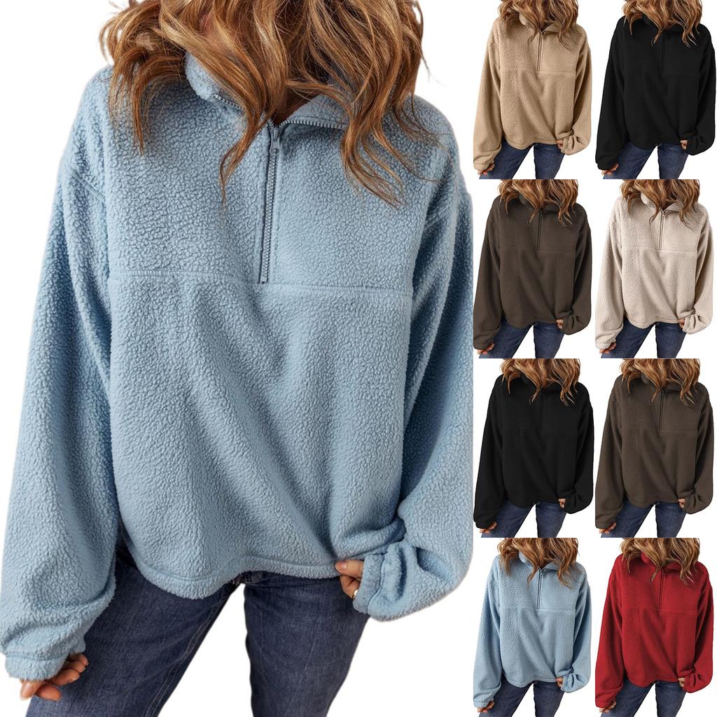Женская мода повседневная свободная однотонная плюшевая кофта с длинным рукавом и застежкой-молнией на половину шеи