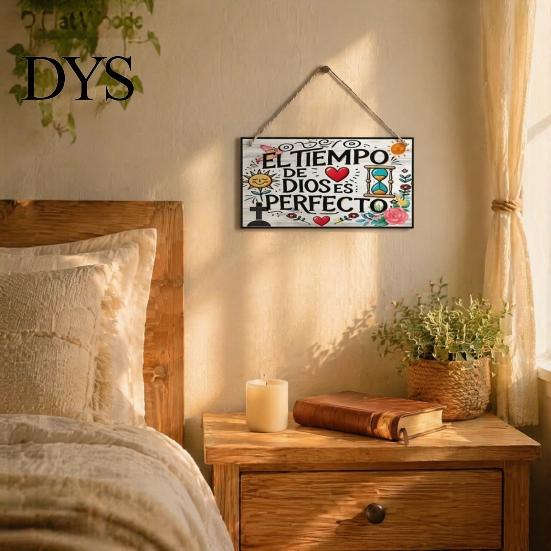 Handmade Wood Hanging Sign Spanish Religious Prayer Wall Ornament with Rose Cross Flower, Living Room Ornaments Wooden Decorative Pendant for Bedroom
