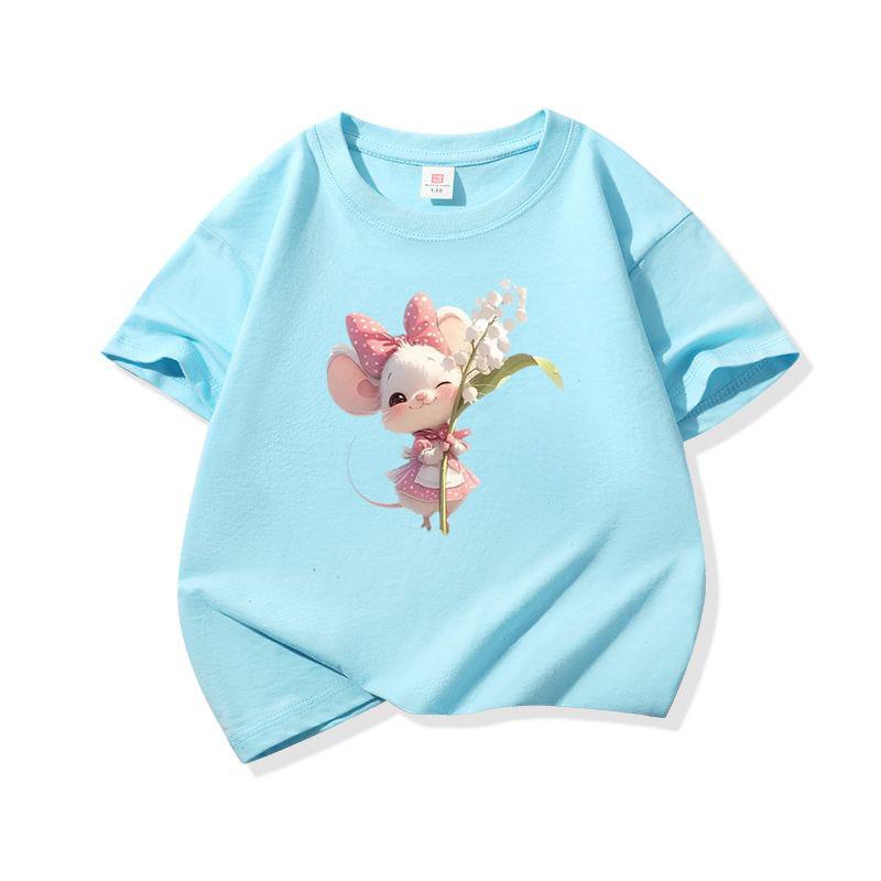 Kids Cotton T Shirt Sweet Mouse With Lily Flower Print Crew Neck Short Sleeve Tee Casual Boys Girls Summer Tops
