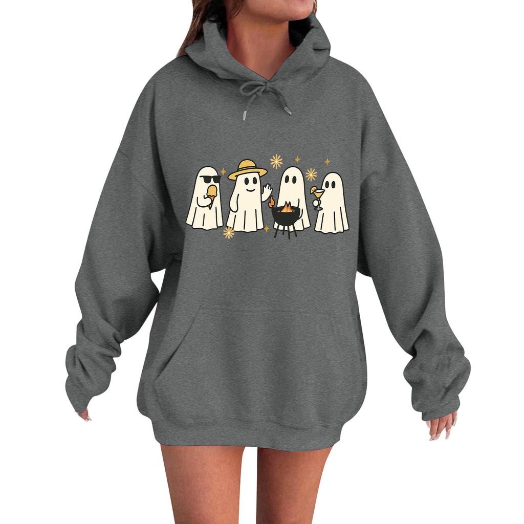 Женская повседневная модная удобная толстовка с круглым вырезом, капюшоном и длинными рукавами с принтом на Хэллоуин, теплая