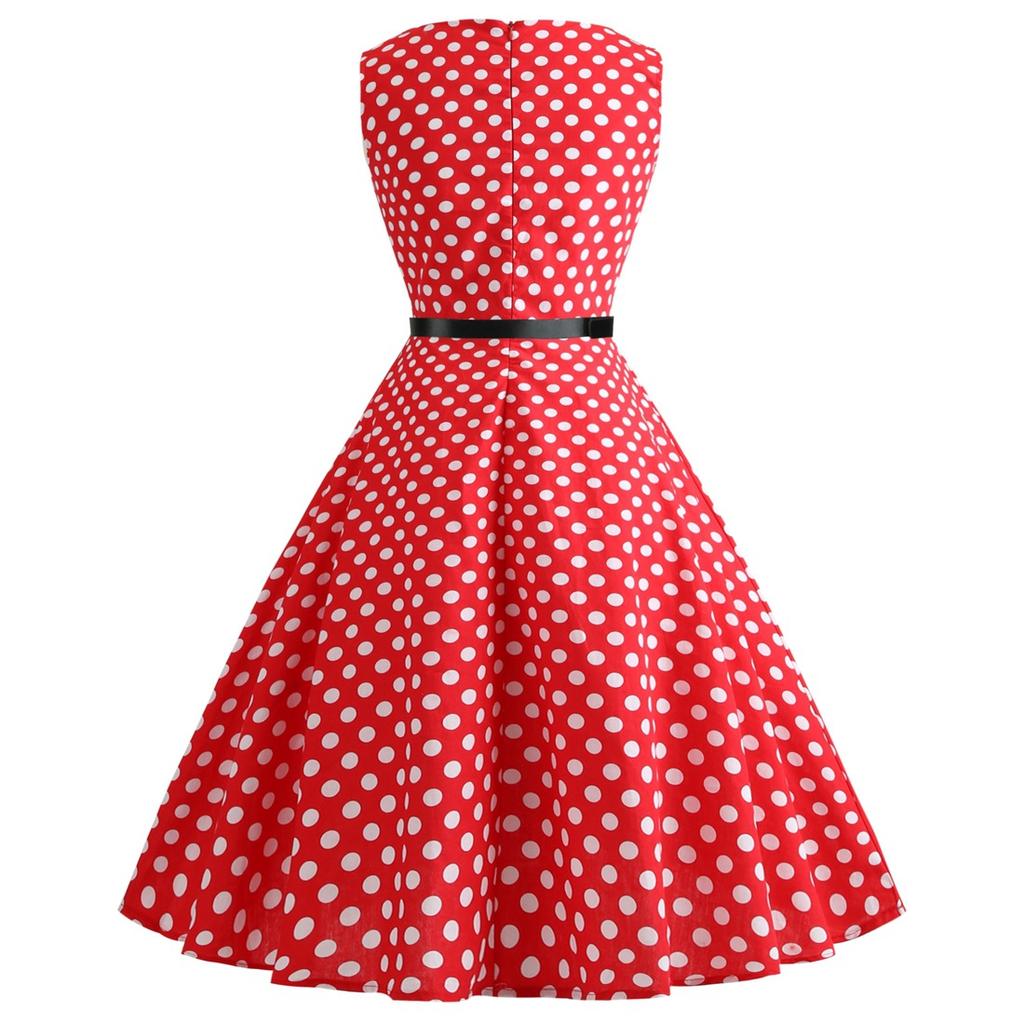 GMXIA Женское платье без рукавов с принтом в горошек, с узким вырезом и черным поясом в стиле винтажной Herben