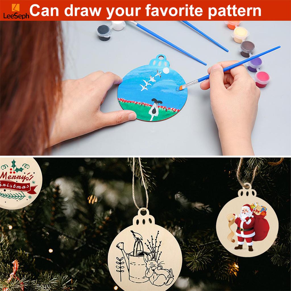 Wood Slices Set 3.5" Wooden DIY Christmas Ornaments Unfinished Predrilled Wood Circles with Twines Rope, Hanging Decorations