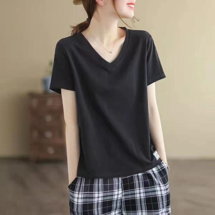 Новая летняя футболка с коротким рукавом для женщин, свободная, с V-образным вырезом, повседневная, с нашивками, базовая, топ, литературное и комфортное ощущение, свободная
