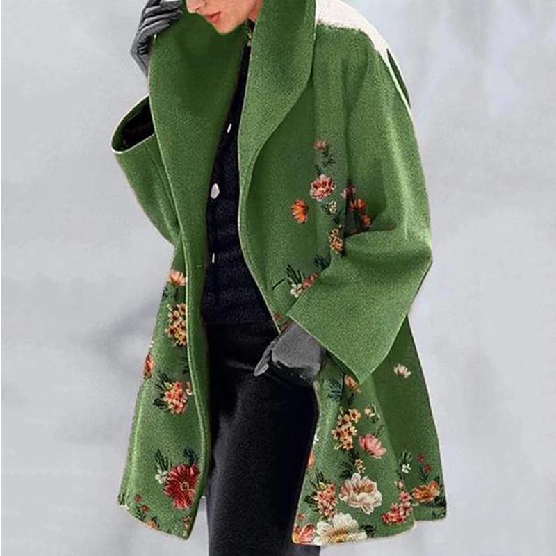 Женская куртка Элегантное пальто больших размеров с цветочным принтом для женщин Толстый теплый кардиган средней длины с отложным воротником Стильное пальто