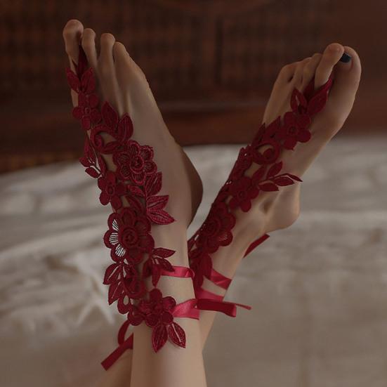 1 Pair Foot Cover with Toe Ring Hollow Out Lace Flower Applique Temptation Solid Color Close-fitting Honeymoon Wedding Night Foot Cover Foot
