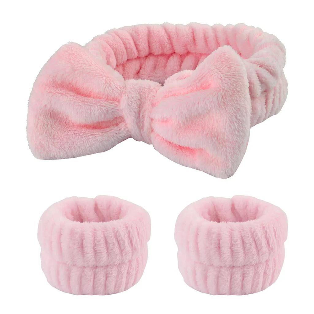 3Pcs Bow Headband Wristband Set Towel Elastic Soft Washing Face Shower Make Up Yoga Sports Skincare Headband for Women Girls