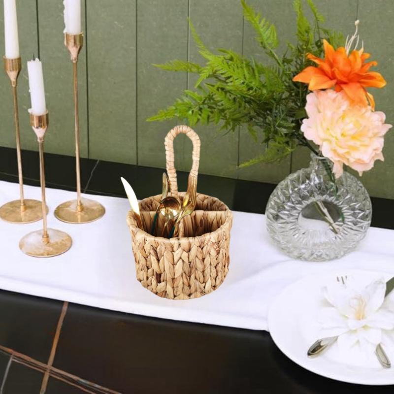 Плетеная корзина для хранения из ротанга Ручная плетеная корзина-органайзер для столовых приборов Круглая коробка для хранения Корзина для хранения из водного гиацинта Держатель для столовых приборов