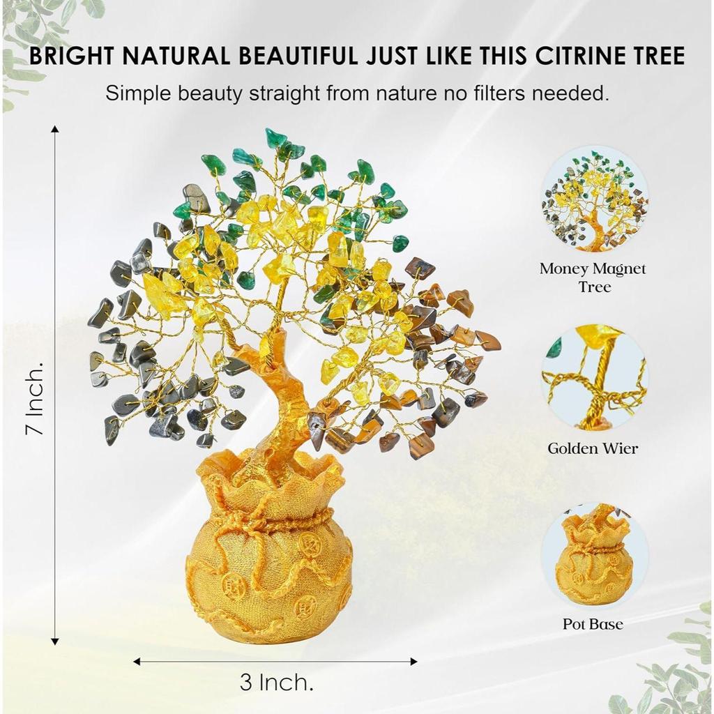 Money Magnet Crystal Tree Pyrite, Green Aventurine, Citrine, Tiger Eye Tree of Life Bonsai - Feng Shui Gold Crystal Ornaments for Prosperity
