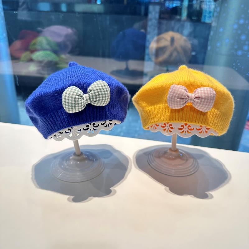 Fashion Cute Baby Hat Solid Color Bow Warm Beret Hat For Girls Vintage Princess Beret Hat Children Autumn Winter Cap Gifts
