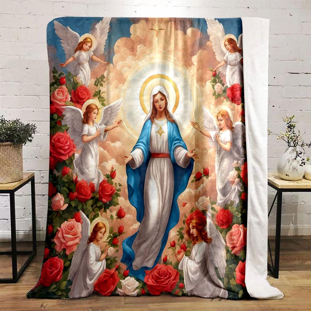 A central holy figure surrounded by angels, roses, and glowing light. for all seasons blanket lunch break throw gift