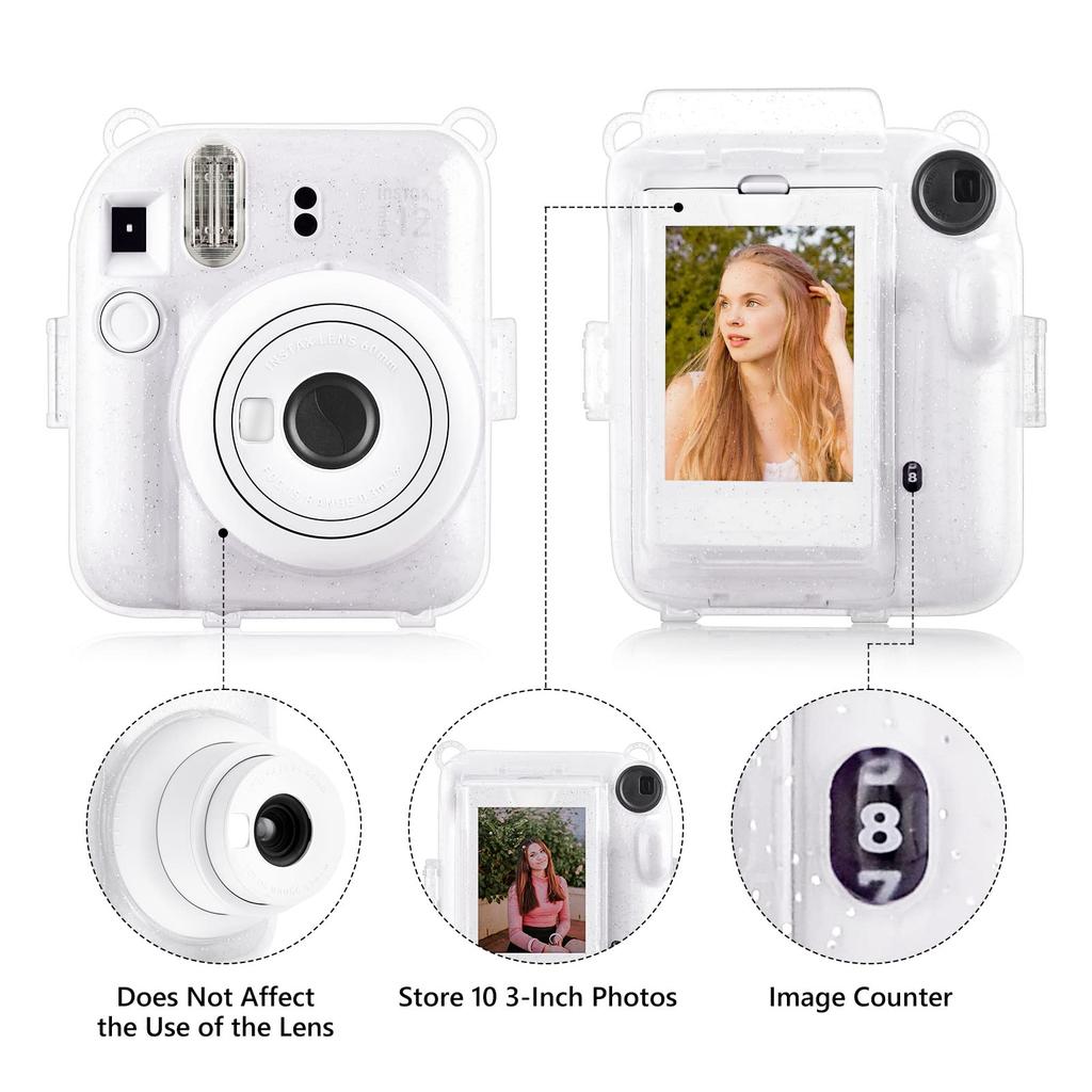 Rieibi instax mini 12 Fujifilm instax 12 case clear instax mini 12 case transparent shining clear clear case with clear shoulder strap and album that