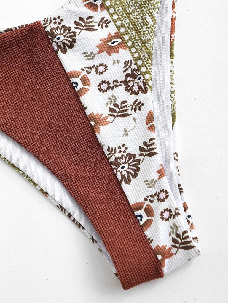 ZAFUL Metal Ring One Shoulder Ethnic Printed Bikini Swimwear