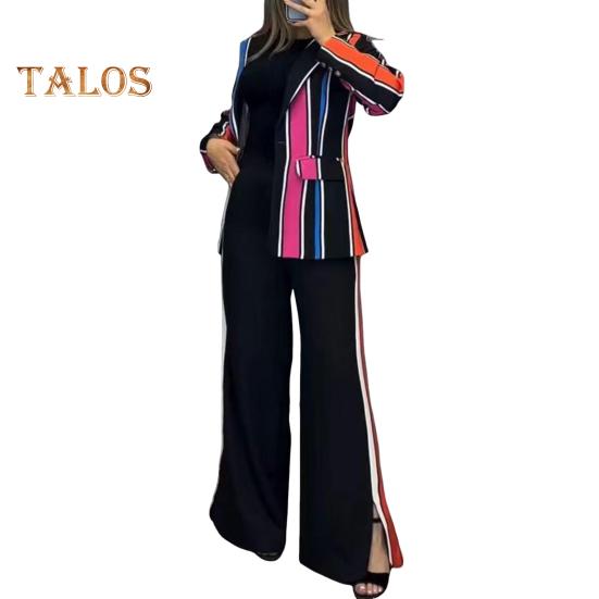 2 шт./комплект женский деловой пиджак брюки комплект с длинными рукавами цветной полосатый кардиган с лацканами средней длины пиджак расклешенные брюки с высокой талией формальные