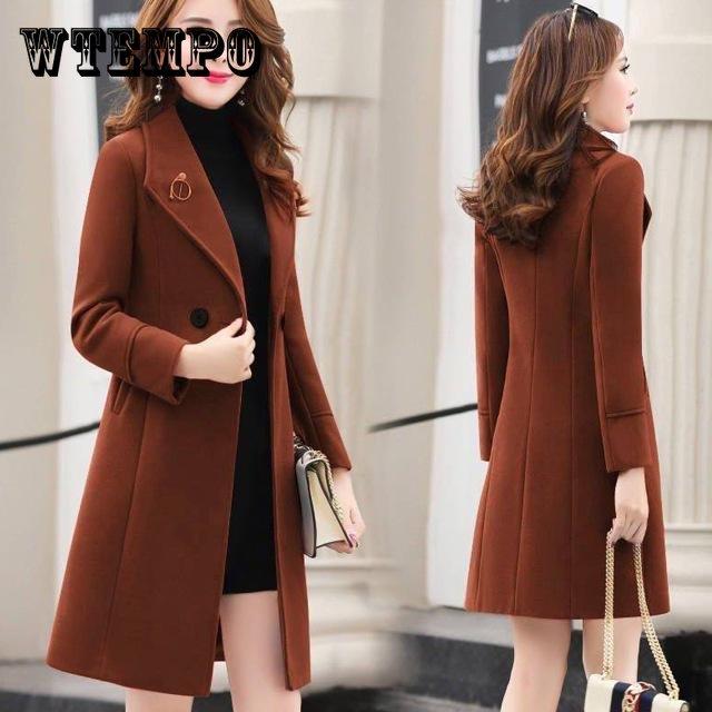 Womens Autumn and Winter Women Woolen Coat Long Section Female Fashion Lapel Slim Jacket